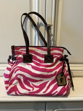 Dooney & Bourke Pink Zebra Print Shoulder Tote with Dark Brown Trim